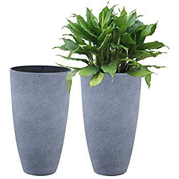 Flower Pot Garden Planters 12" - 2 Pack Outdoor Indoor, Unbreakable Resin Plant Containers with Drain Hole, Grey