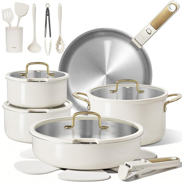 CAROTE 21 PCS Stainless Steel Cookware Set, Pots and Pans Set Non Toxic, Dishwasher Safe, White