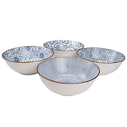 YALONG 40-Ounce Large Blue and White Porcelain Soup Bowls,Salad, Ramen Pasta Serving, Pho Large Bowls, Assorted Floral Patterns, Stackable Deep Noodle Bowls Set of 4, Versatility Sturdiness Durability