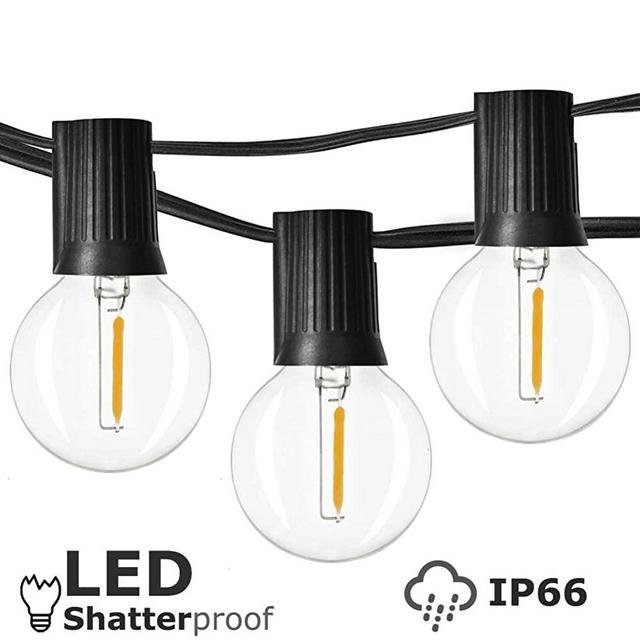 Newpow Outdoor String Lights 48ft with 23+2spares Dimmable Shatterproof Waterproof LED G40 Globe Bulbs - Clear Plastic, 1W 60LM 2200K Warm Glow for Indoor/Outdoor Decoration and Lighting - Black
