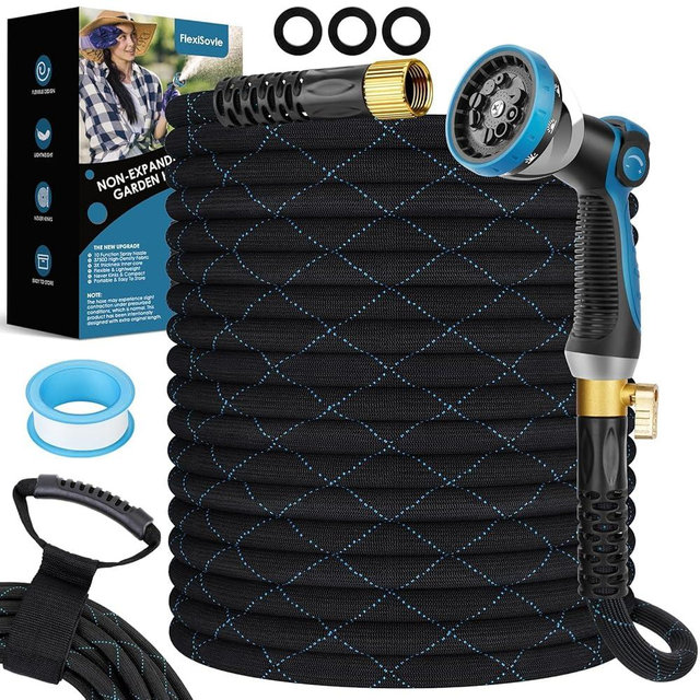 FlexiSolve Garden Hose 100 ft, NON-EXPANDABLE Ultra Lightweight & Flexible Water Hose With 10-Pattern Spray Nozzle, Kink-Resistant, Leak-Proof, 3750D High-Density Fabric & Shut-Off Valve, Hose Straps