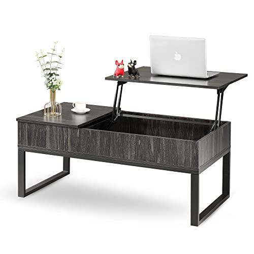 WLIVE Wood Lift Top Coffee Table with Hidden Storage Compartment, Side Drawer and Metal Frame, Lift Tabletop Dining Table for Home, Living Room, Office