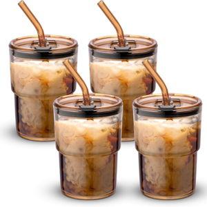 13 oz Tumbler Water Glass, Water Bottle with Straw and Dustproof Lid, Coffee Ice Cup Double Wall Insulated Glass Cup (Amber-4pack)