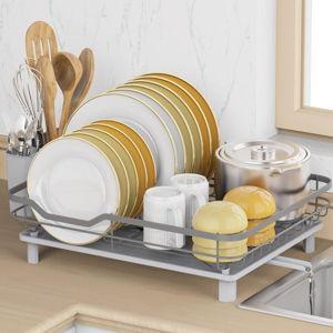 Light Grey ROTTOGOON Dish Drying Rack, Stainless Steel Rustproof Dish Rack for Kitchen Counter, Sturdy Dish Drainer with Drainboard, Drainage, Utensil Holder for Various Kitchenware, 16.2"(L) x 12.6"(W), Grey