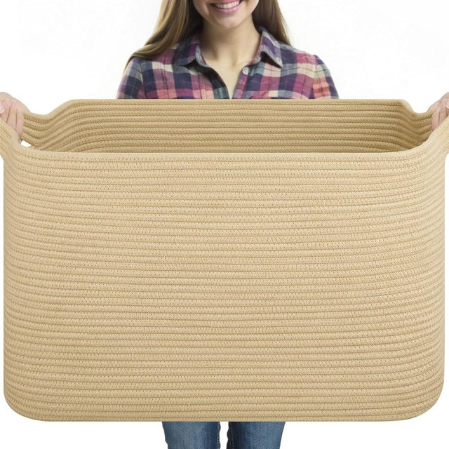 OIASKET 95L Extra Large Blanket Basket, 24" x 16.9" x 14.2" Woven Storage Basket for Living Room, Rectangle Nursery Blanket Storage for Toys, Towels, Dirty Clothes (Jute)