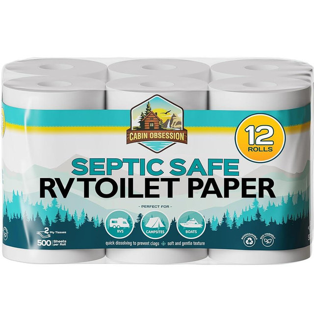RV Toilet Paper - 12 Pack Septic Safe Toilet Paper 2-Ply Quick Dissolving Camper Tissue Paper Septic Safe to Prevent Clogs - Perfect for Automotive RVs, Septic Tank Systems, Boats, and Camping