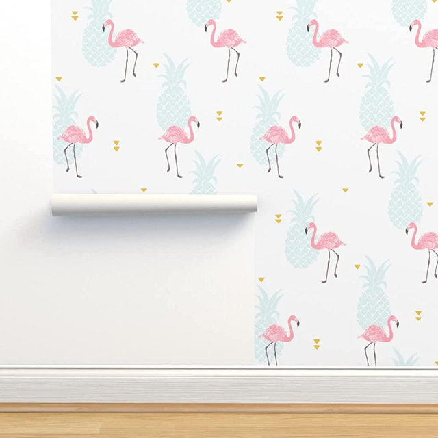 Removable Wallpaper 12ft x 2ft - Pink Flamingo Bird Pineapple Jungle Fruit Flamingos Tropical Exotic Pineapples Beach Kid Custom Pre-Pasted Wallpaper by Spoonflower