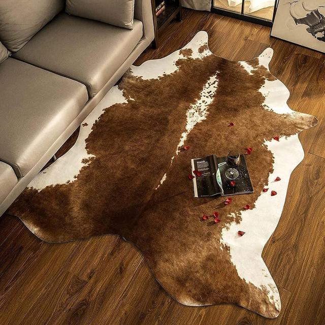 BENRON Cow Rug Large 6x7.2ft Area Rug Faux Cowhide Rug Stylish Living Room Rug Cow Print Luxury Cow Hide Rug for Bedroom Western Rug Room Decor Leather Carpet,Khaki Brown