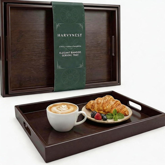 Bamboo Serving Tray Set of 2 with Handles, Nesting Wooden Serving Trays for Food & Drinks, Coffee Table Ottoman Tray for Living Room Decor, Large 16.9" x 12.7" x 1.5" & Small 15.6" x 11.7" x 1.5"