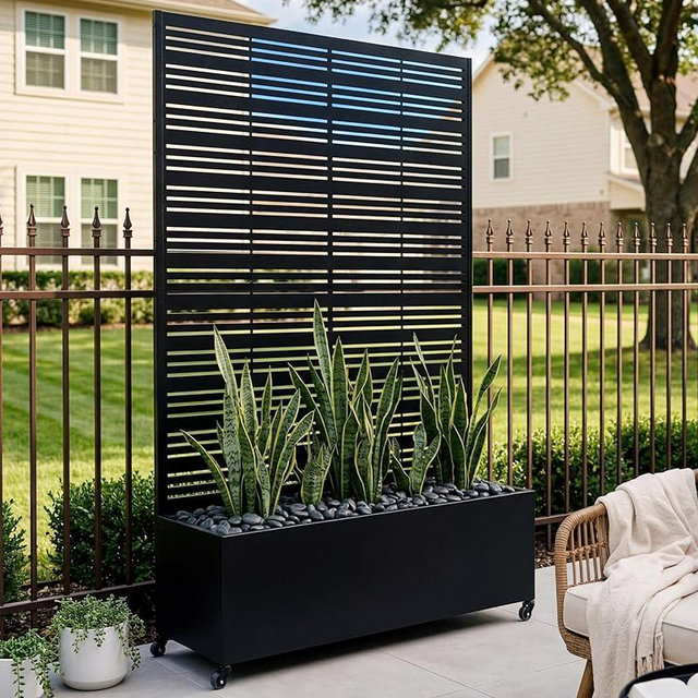 TinFrey 73" Tall Privacy Planters with Trellis, Freestanding Metal Planter Box with Trellis on Wheels, AC Unit Cover for Patio, Hide Trash Cans Pool Equipment, 5 Built-in Drainage Holes - Black