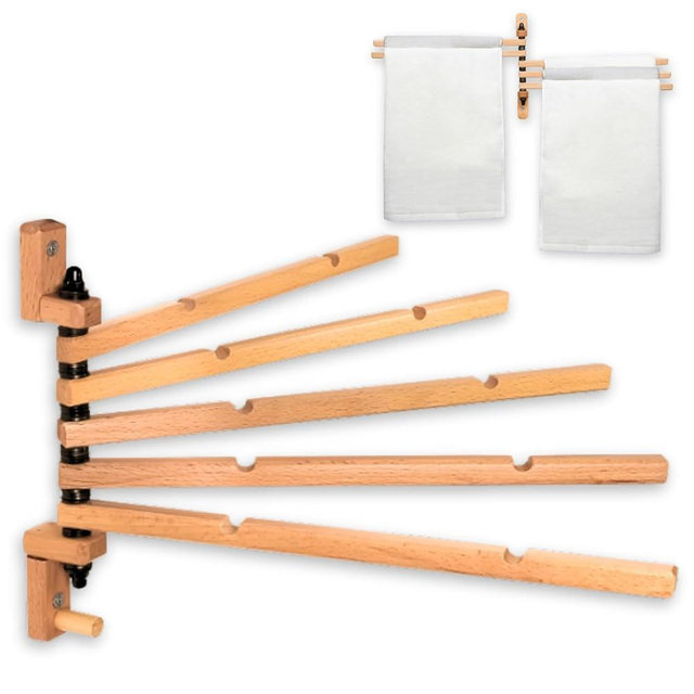 TERRA HOME Swivel Towel Rack - Clothes Drying Rack Wall Mounted - Crafted with Rustic Hard Wood - 5 Durable Rods, Stylish and Home Docor Design for Bathroom, Laundry Room
