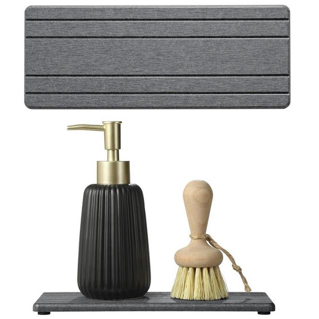 Razborci 2PCS Diatomite Quick Stone Drying Tray Mat For Bathroom & Kitchen Counter, Instant Dry Water Absorbent Drink Bar Coaster,Vanity Sink Caddy Organizer,Dish Soap Sponge Holder, Dark Gray,9"x3.5"