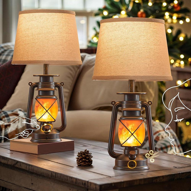 LEDIARY 18.72" Blow-Controlled LED Lantern Flickering Flame Table Lamps for Bedrooms Set of 2, Small Farmhouse Rustic Bronze End Table Lamps, Halloween Decorative Lantern Bedside Lamps for Living Room