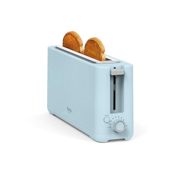 Martha Stewart 2 Slice Long Slot Toaster, Extra Wide for Sourdough & Bagels, 10 Setting Shade Control, Removable Crumb Tray, Self-Centering Design, Defrost/Reheat, Cancel, Slim Space-Saving, Sky Blue