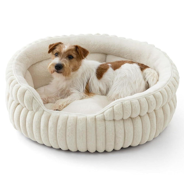 Bedsure ComfyFleece™ Medium Dog Bed, Washable Cute Pet Bed, Super Soft Corduroy Round Cat Bed with Anti-Slip Bottom, 26''x26''x9'', Cream