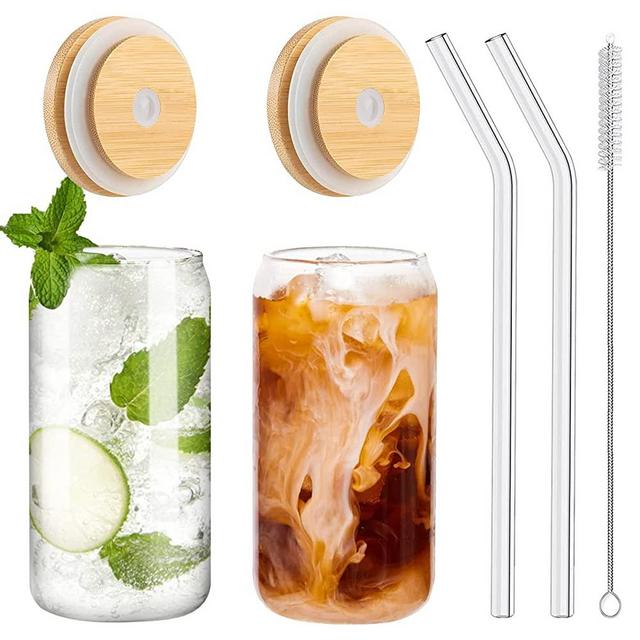 WISIMMALL Drinking Glasses with Bamboo Lids and Glass Straw 2pcs Set, 16oz Can Shaped Glass Cups, Beer Glasses, Iced Coffee Glasses, Soda, Gift 1 Cleaning Brushes
