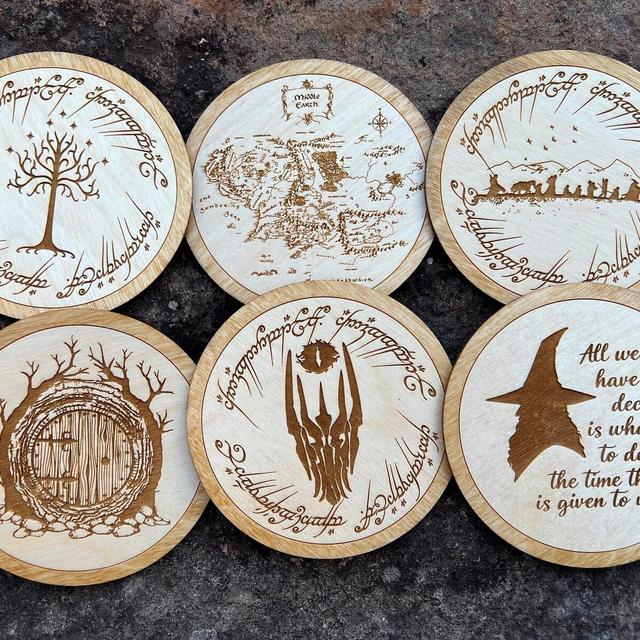 LOTR ONE or Set of 6 Wooden Coasters, Lord...