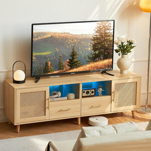 JanflyHome TV Stand for 70 Inch TV-Modern Rattan Media Console with Power Outlet, Entertainment Center with LED Light, Rattan TV Console Furniture for Living Room, Wood