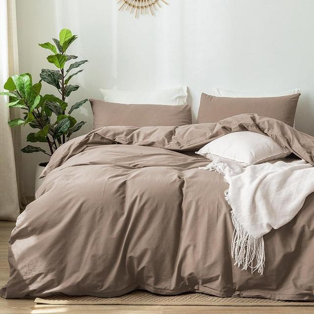 MooMee Bedding Duvet Cover Set 100% Washed Cotton Linen Like Textured Breathable Durable Soft Comfy (Brown, King)