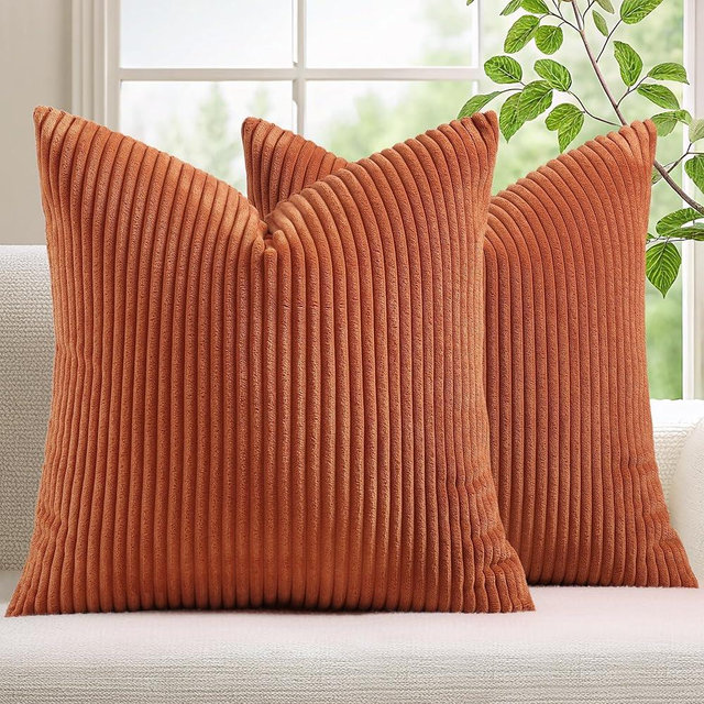 Mecatny Corduroy Fall Decorative Throw Pillow Covers 16x16 Set of 2 for Sofa Living Room, Soft Burnt Orange Neutral Boho Couch Pillow Covers for Home Decor, Rust