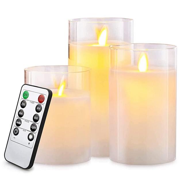 Lezonic Glass LED Flameless Candles Battery Operated with Flickering Moving Wicks, Pack of 3 (D 3”×H 4”5”6”) White Real Wax Pillar Candles with Remote and Timer for Home Decor Fireplace Halloween