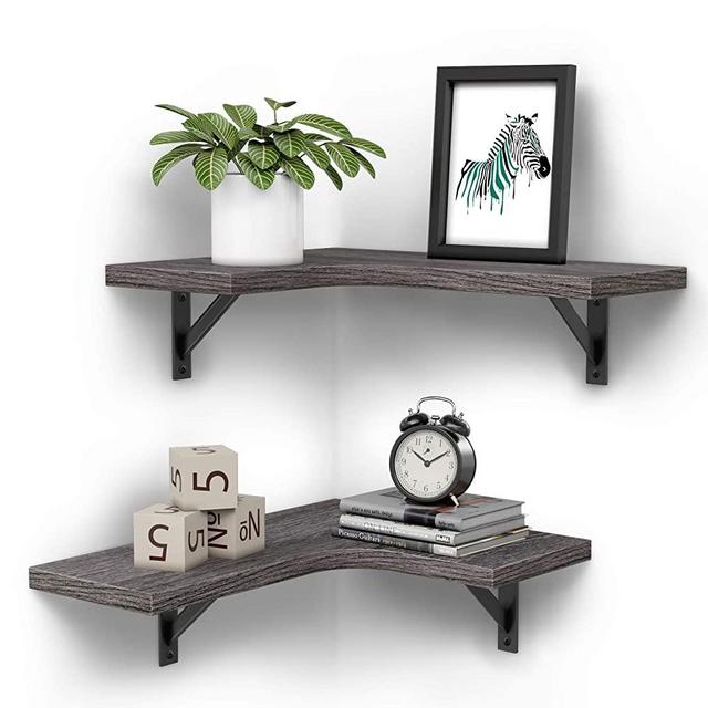 Homemaxs Corner Floating Shelves, Corner Shelf Wall Mounted, Set of 2 Corner Shelves for Wall, Rustic Wood Corner Shelves, Decoration Shelves for Bathroom, Bedroom, Kitchen, Living Room, Light Gray