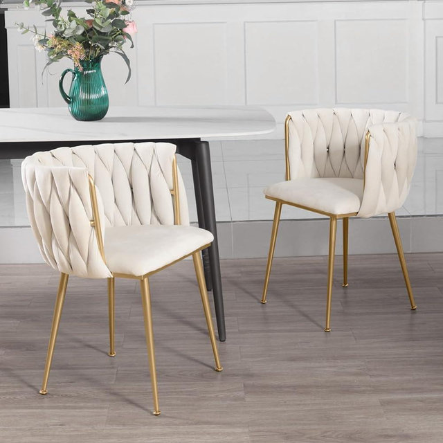 ivoros Velvet Dining Chairs Set of 2, Accent Chairs with Gold Metal Legs, Woven Upholstered Dining Chairs for Living Room/Bedroom/Kitchen