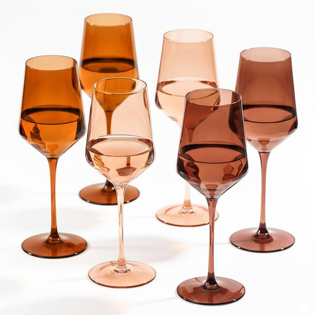 comfit Venus Wine Glasses Set of 6-14oz [Hand-Blown] Maillard-Inspired Amber & Espresso Stemware, Earth-Tone Crystal Glasses | Limited Edition with 2025 Trend Color: Mocha Mousse