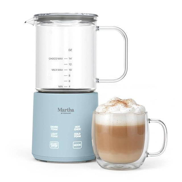 Martha Stewart Milk Frother and Steamer, 10oz/300ml Glass Cup, 4 Presets (Cold Foam, Light, Dense & Hot Chocolate), Ready in 90 Seconds, Cordless Pouring, One-Touch for Hot and Cold Milk, Sky Blue
