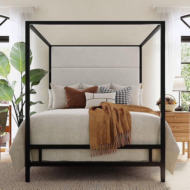 Merax Queen Size Metal Canopy Bed Frame, Modern Tall Upholstered Velvet Headboard, Black 4-Poster Bed with 800 lbs Capacity, Box Spring Required Easy Assembly for Bedroom, Black+White