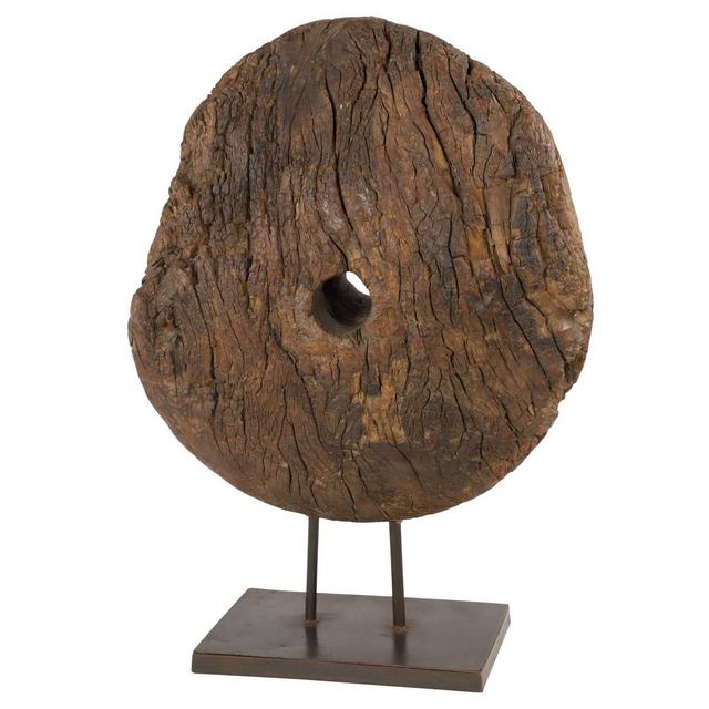 26" Water Chuck Wheel Reclaimed Wood Sculpture on Metal Stand Brown - Olivia & May