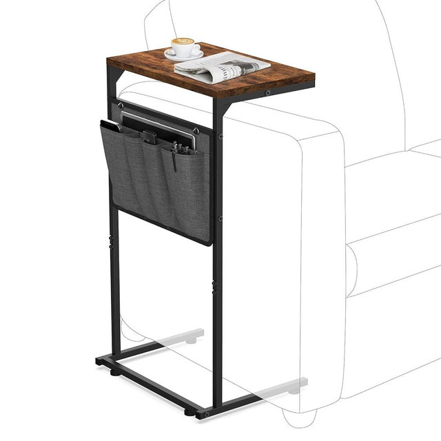 Vantic C Shaped End Table, Small Couch Side Table with Storage Bag, Sturdy Slide Under Sofa Table with Metal Frame for Living Room & Bedroom (16" L x 11.6" W x 28" H), RusticBrown