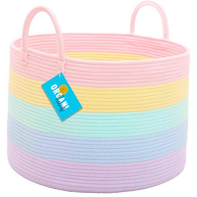 OrganiHaus Cute Basket for Rainbow Classroom Decor 20x13 | Cotton Rope Baskets for Storage | Toybox for Pastel Room Decor | Extra Large Blanket Basket for Living Room | Toy Basket for Playroom Décor