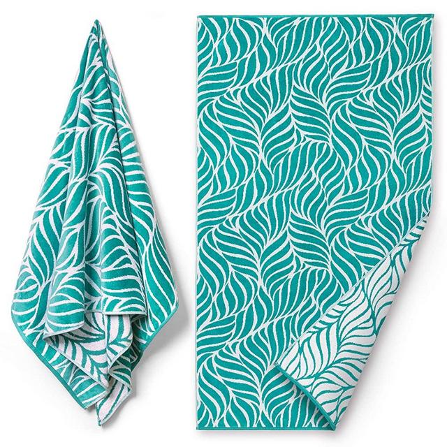 Reversible Premium Large Beach Towel 34 x 64 inch - Luxury Soft Velour in Front and Absorbent Cotton Terry Loop on Reverse Side. (Leaves, Single 34"x 64")