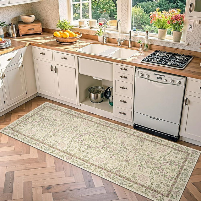 jinchan Floral Runner Rug 2x6 Washable Kitchen Runner Non-Slip Low-Pile Soft Carpet Runner Botanical Throw Rug for Entryway Laundry Room Hallway Bedroom Pastoral Green
