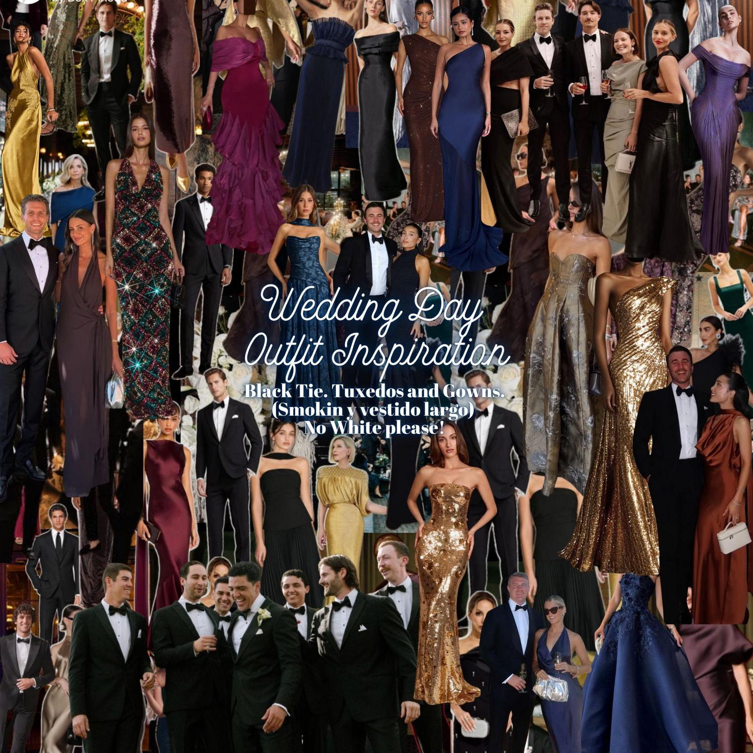 Wedding Day Attire: Black Tie. Tuxedos and Gowns. (Smokin y vestido largo) No White please.