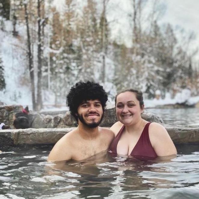 We were visiting a natural Hot Spring in Colorado! We went in December, so you can see all the snow and ice on the trees behind us!