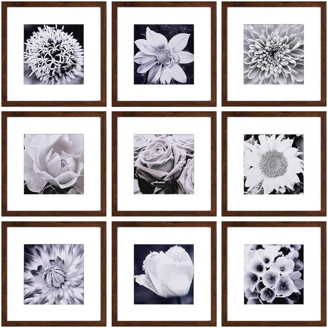 Yaetm 12x12 Picture Frame Set of 9, Brown Wood Grain Square Photo Frame Displays 8x8 with Mat or 12 x 12 without Mat, Gallery Wall Frame for Wall Mounting (9 pack, Brown)
