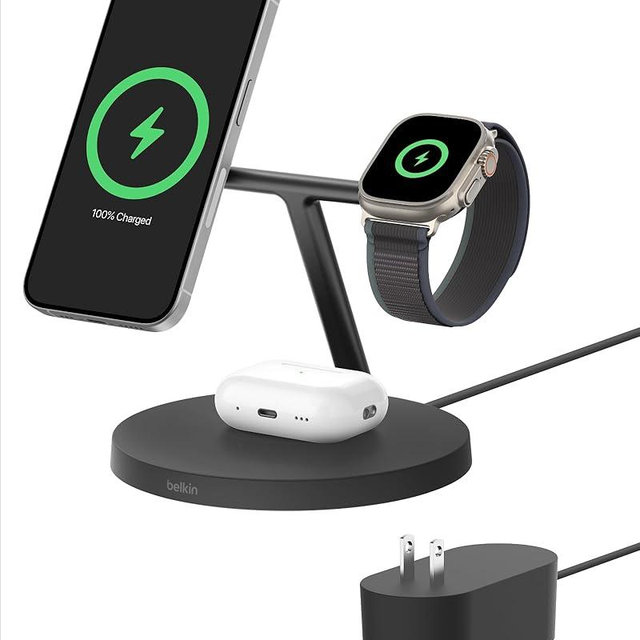 Belkin MagSafe-Compatible Charger, 3-in-1 Wireless Charging Station, Qi2-Certified 15W Wireless Charger for Apple iPhone 16 Series, Apple Watch, AirPods w/Non-Slip Base, 40W Charger Included - Black