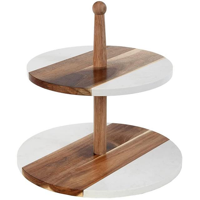 BALIN DESIGNS Two Tier Tray - White Marble Acacia Wood Tiered Tray Decor - Perfect for Serving Cheese and Desserts or for Cupcake and Cake Display - Rustic Style for Vintage or Farmhouse Theme