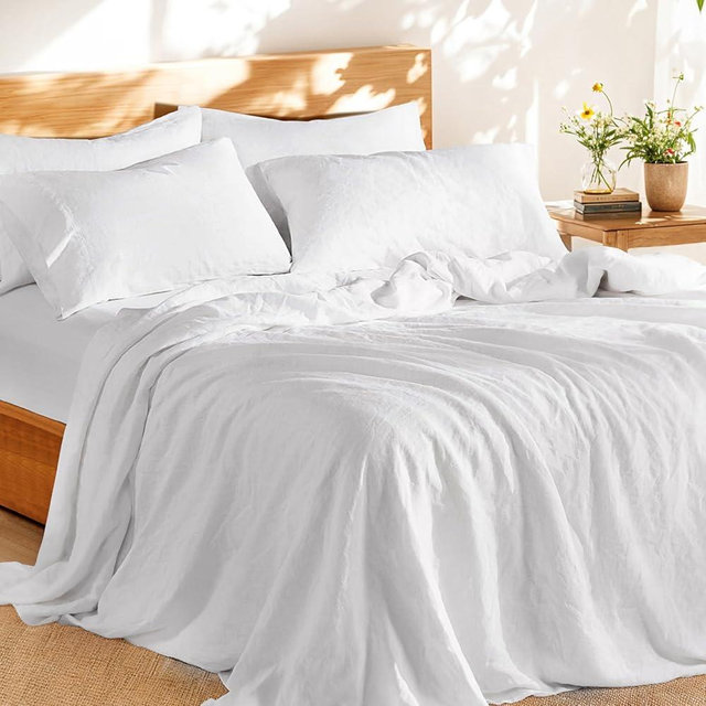 Shilucheng 100% French Linen Sheets - King Size Bed Sheets, Breathable & Cooling Pure Linen Sheets,Soft Durable and Tear Resistant -16 Inch Deep Pocket - 6Pcs (White, King)