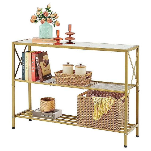 Hoctieon Gold Console Table, 3 Tier Entryway Table, Hallway Table, Narrow Sofa Table with Shelves, Entrance Table for Entryway, Living Room, Foyer, Hallway, Office, Gold and White