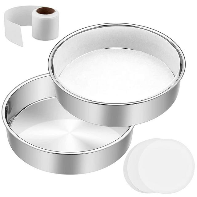9½ Inch Cake Pan Set of 2, E-Far Stainless Steel Round Layer Cake Baking Pans with Parchment Rounds & Side Liner Roll, Non-Toxic & Healthy Metal Cake Tin, Straight Side & Dishwasher Safe