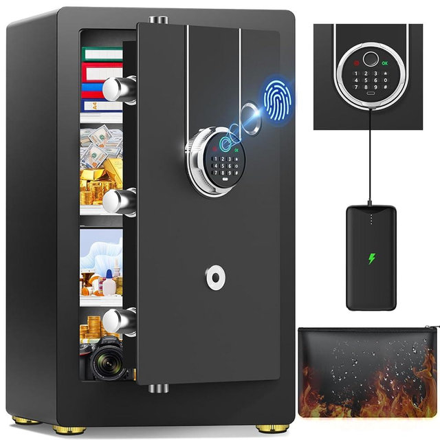 5.2 Cuft Biometric Safe Box with Fireproof Waterproof Bag, Fireproof Safe Large Document Storage Anti-Theft Dual Alerts, Mute Mode, Digital Security for Business