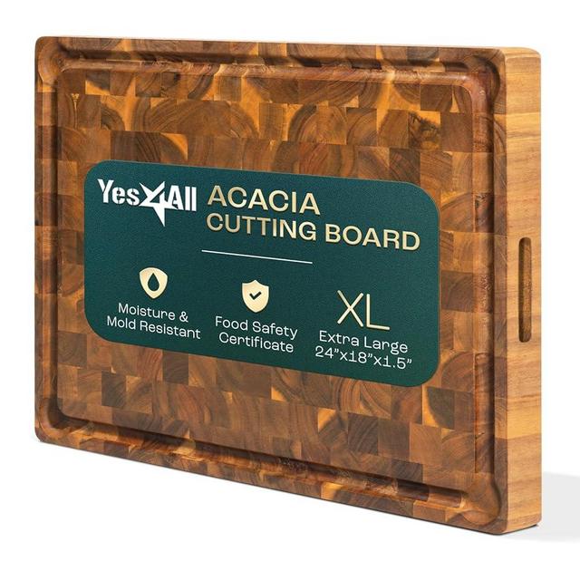Yes4All Durable Acacia Cutting Boards for Kitchen, [24''Lx15''Wx1.5” Thick] Extra Large End Grain Cutting Board, Pre Oiled Wood Cutting Board, Thick Chopping Board w/Juice Grooves and Easy Grip Handle