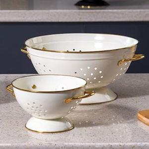 Metal Colander Set of 3, Strainer Basket with Handles perfect for Spaghetti, Pasta, Berry, Vegetable, Fruit, Solid Base Powder Coated Kitchen Essential Strainer Set, 1 & 3.5 & 5 Qt (Cream)
