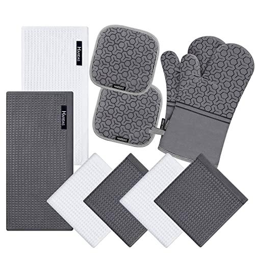 10 Piece Set Silicone Oven Mitts and Pot Holder，with Kitchen Towels and Dish Cloths ，500 Degree Heat Resistant Soft Lining Oven Mitts，Quick Drying Dish Towel，for Kitchen Baking BBQ Grilling (Grey)