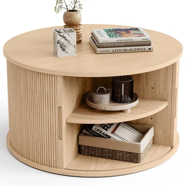 Round Coffee Table, Wood Coffee Table with Storage, Fluted Accent Center Table with Sliding Tambour Door, 31.5" Mid Century Modern Coffee Table