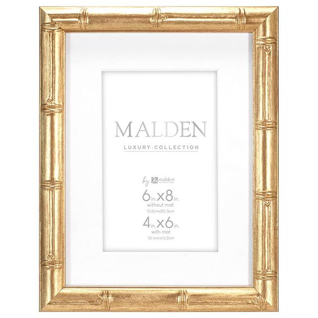Malden International Designs 4x6 Matted Gold Bamboo PS Moulding Picture Frame Antique Gold Finish White Matboard
