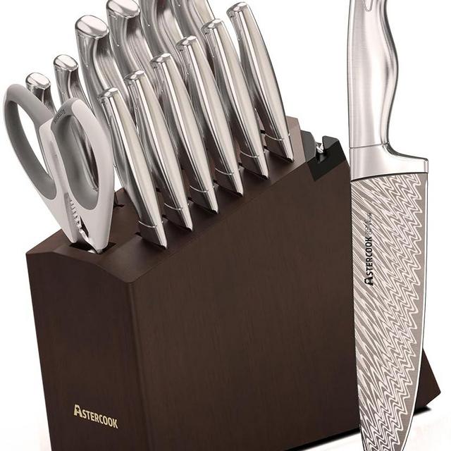 Knife Set, Astercook 15 Pcs Knife Sets for Kitchen with Block, Dishwasher Safe Kitchen Knife Set with Built-in Sharpener, German Stainless Steel Knife Block Set